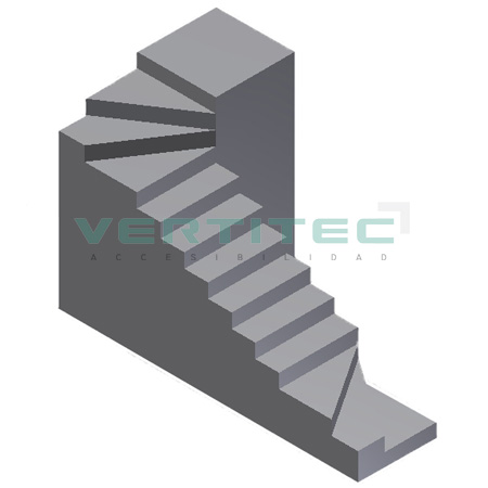 Escalera con rellano inferior en hélice, tramo recto y otro rellano en hélice